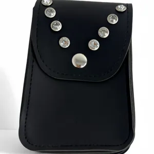 Black faux leather pouch with sparkling rhinestones and metal snap closure for women.