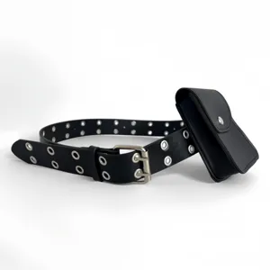 Black faux leather grommet belt with detachable pouch and double pin metal buckle.