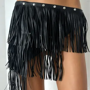 Black leather multi-layered fringe belt with metal studs for punk stage performance.