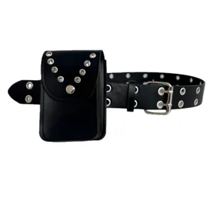Black punk grommet belt with rhinestone snap pouch, stylish double prong metal buckle waist accessory