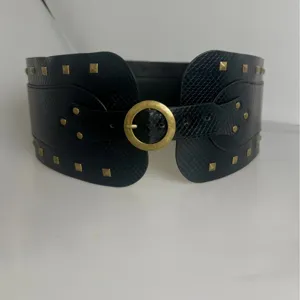 Retro zwarte brede taille riem met slangenprint textuur, gouden ronde gesp en klinknagels.