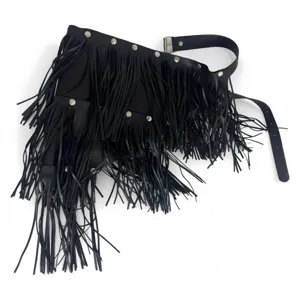 Black triple layer fringe leather belt with metal studs punk rock waist accessory for women