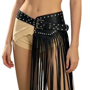 Black leather studded fringe belt for women punk style statement waist accessory main view