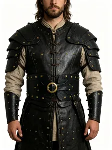 Medieval fantasy leather armor costume set with shoulder guards belt and bracers for cosplay