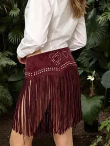 Y2K western fringe faux suede skirt belt with rhinestone rivet details for stylish outfits.