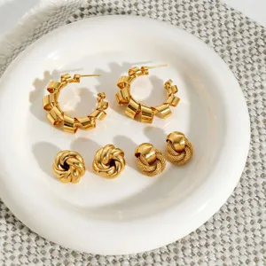 Elegant gold hoop and knot earrings set, crafted from durable stainless steel with a vintage finish.