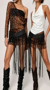 Chic wide rivet fringe belt paired with stylish fashion outfits for a trendy look.