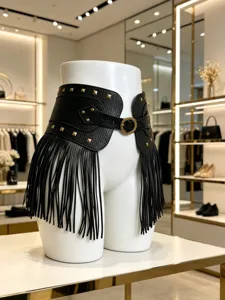 Black faux leather wide waist belt with gold studs and fringe for women fashion accessory