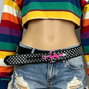 Y2K punk style black studded belt with pink irregular metal buckle for women fashion.