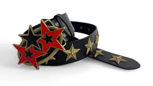 Punk style red star black leather belt vintage metal waist belt with star studs detail view