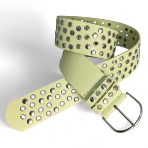 Light green punk style PU leather belt with multiple metal eyelets and silver buckle for women.