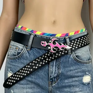 Y2K punk black leather belt with pink metal cross buckle and studded details for women.