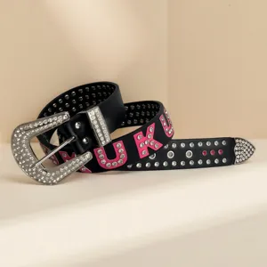 Unisex Rhinestone Full Diamond PU Leather Belt Punk Letter Studded Belt Casual Jeans Belt For Men Women