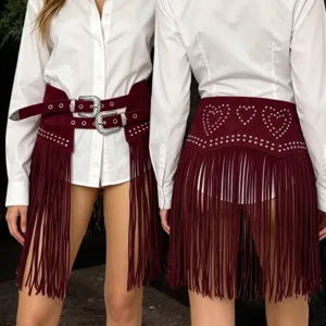 Women Wide Faux Suede Fringe Tassel Belt Western Cowboy Y2K Metal Double Buckle Rivet Waist Corset Belt