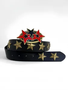 Punk style black leather belt with vintage bronze star studs and bold red star buckle accessory.