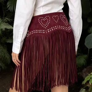 Y2K Western fringe suede waist belt skirt with rhinestone heart rivets for women stylish wear