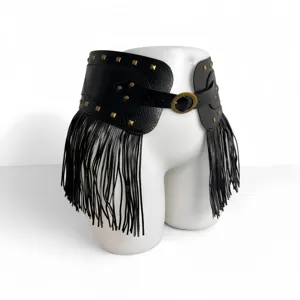 Black wide fringe belt with snakeskin texture and gold pyramid studs for women statement fashion