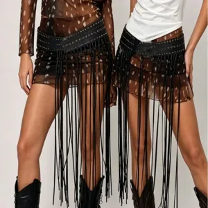 Wide grommet fringe waist belt for women, edgy punk style leather body jewelry accessory main.