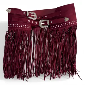 Wine red wide belt Y2K western fringe faux suede double buckle rivet waist belt for women