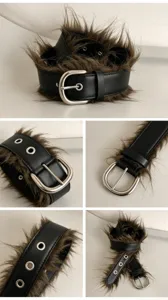 Black faux leather belt with brown furry trim detail shots showing metal buckle and eyelets.