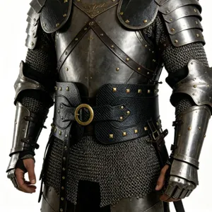 Medieval warrior retro leather waist cincher belt and armor set main product front view showcase.