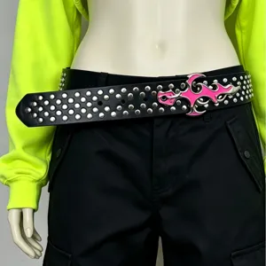 Y2K Black Studded Belt with Pink Metal Buckle Punk Gothic Waistband Streetwear for Women
