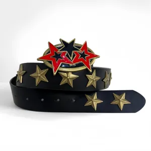 Punk style black leather belt with antique bronze star studs and bold red black star buckle.