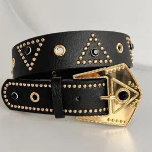 Punk Retro Rhinestone Rivet PU Leather Belt Women Fashion Court Style Black Gold Buckle Waist Belt Clothing Accessory