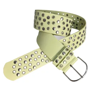 Women's light green punk style PU leather belt with multi-row metal grommets and buckle.