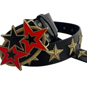Punk style black leather belt with retro bronze and red star metal buckle accessories.