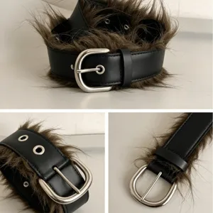 Black leather belt with brown faux fur trim, metal buckle and eyelets, unisex winter fashion.