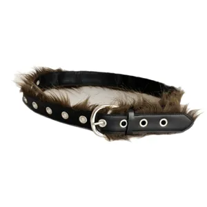 Unisex black leather belt with brown faux fur trim and metal eyelets autumn winter fashion