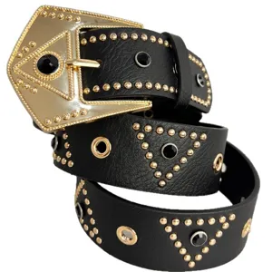 Punk style black leather belt with gold geometric buckle, rhinestones and metal rivets.