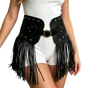 Punk rivet faux leather wide waist belt with fringe tassels for women stage dance outfit main