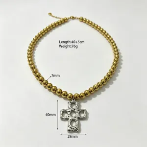 Roestvrijstalen kralenketting met kruis hanger, punk hip hop stijl, lengte 40+5 cm sieraden.
