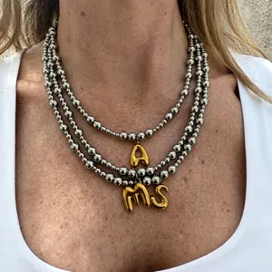 Stainless Steel Bead Chain Necklace With Gold Letter Pendant Fashion Statement Collar Necklace Jewelry For Women