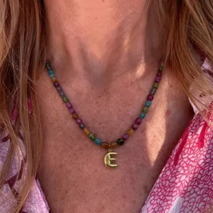 Colorful beaded necklace with gold letter E pendant stainless steel fashion jewelry everyday