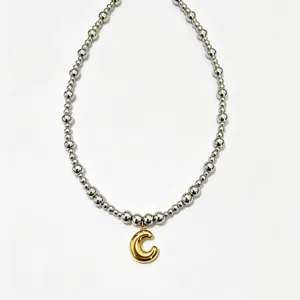 Stainless steel bead necklace with gold bubble letter C pendant trendy fashion clavicle chain