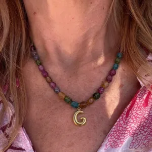 Fashion colorful beaded necklace with stainless steel letter G pendant for daily chic wear.
