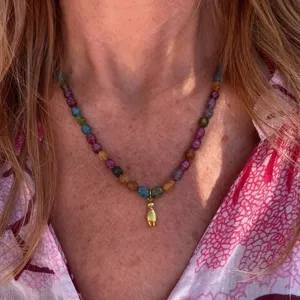 Multicolored beaded necklace with gold pendant detail, stylish daily neck ornament for women.