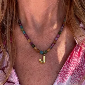 Colorful beaded stainless steel letter J necklace fashion daily neck jewelry accessory.