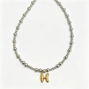 Stainless steel bead necklace with gold bubble letter H pendant fashion clavicle chain jewelry