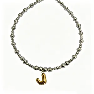 Stainless steel bead necklace with gold puffy letter J pendant, fashion jewelry.