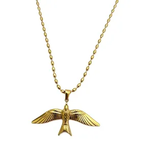 Collier pendentif oiseau volant en or avec chaîne de perles, bijoux élégants et mode.