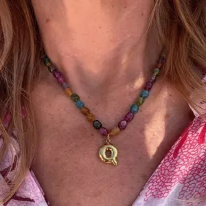 Colorful beaded necklace with gold letter Q pendant fashion daily jewelry for women
