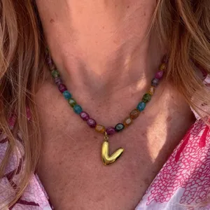 Colorful beaded necklace with gold letter V pendant trendy fashion jewelry for daily wear.