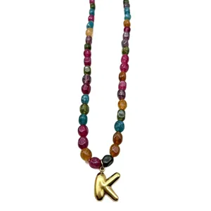 Colorful beaded necklace with gold puffy letter K pendant stylish daily fashion jewelry item