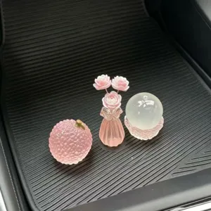 Pink crystal car dashboard ornament set, liuli rose flower vase and lychee decor for auto.