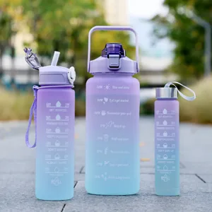 Large capacity gradient outdoor plastic water bottle set with time markers and straw for sports.