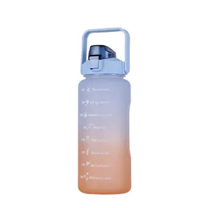 Gradient large capacity outdoor plastic water bottle with time markings and portable handle.